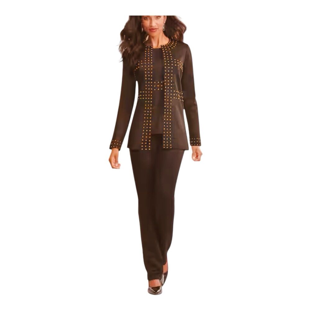 Midnight Velvet Studded Knit Desk Dinner Office Cocktail Party Brown Pant Suit